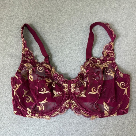 Soma Sensuous Lace Bra Floral Embroidery Sheer Unlined‎ Purple Gold Size 34DD - Picture 1 of 14